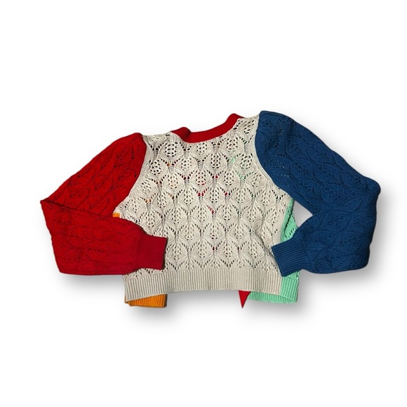 Alice + Olivia Kitty Puff Sleeve Eyelet Bow Accent Sweater Cardigan XS Rainbow - Picture 9 of 12